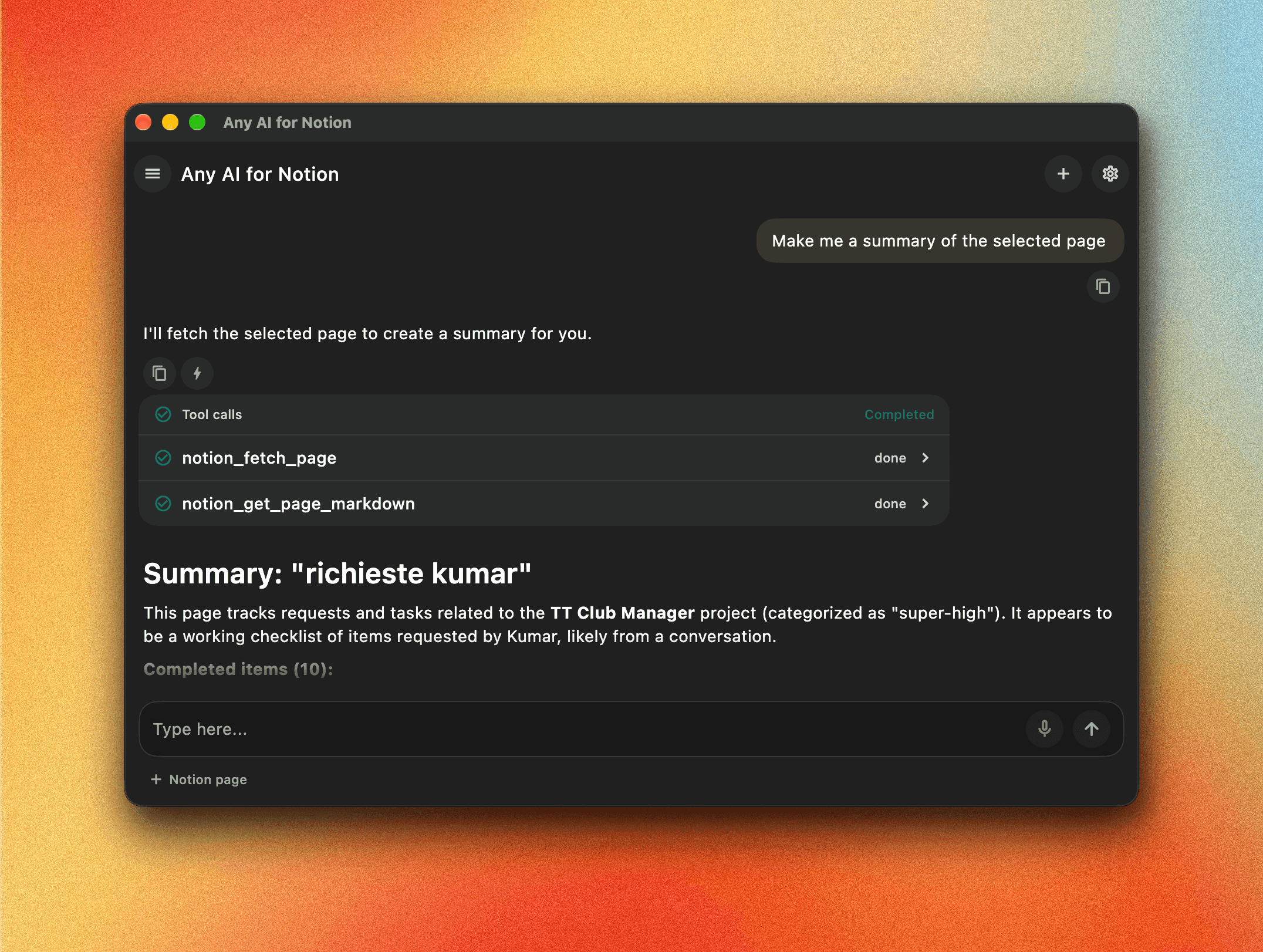 Any AI for Notion app interface